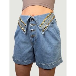 Vintage 90s Cache Studded Denim High‎ Waisted Shorts Light Wash Anchor Jean